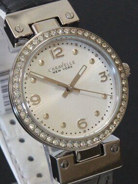 Caravelle Ladies Dress Watch By Bulova Crystal Bezel Reversible Strap 32mm